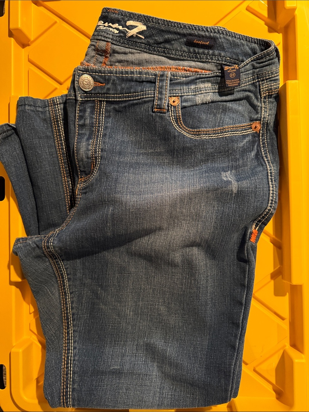 Seven7 Women's Dark Blue Bootcut Jeans with Orange Stitching